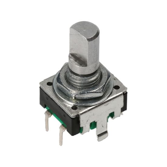 Encoder di ricambio con tasto a pressione per apparecchiature elettroniche. Dimensioni: 12,5x13,4x21,5h mm - 24 ppr - 0 fermi