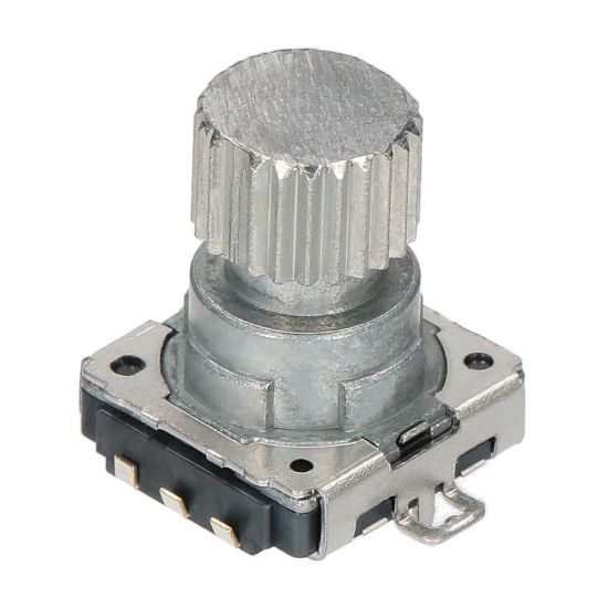 Encoder di ricambio con tasto a pressione per apparecchiature elettroniche. Dimensioni: 15,6x13x15,3h mm - 8 ppr - 16 fermi