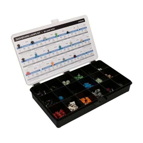 Kit of various automotive bulbs with different colored sockets