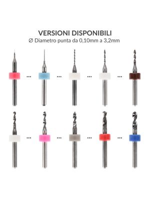 Esempi di micropunte di precisione per PCB, disponibili in 63 diametri (0,1–3,2 mm)