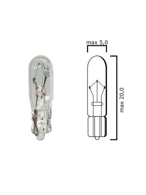 Bulb glass wedge base W2x4,6d 12V 3W T5 - Pack of 5 pcs