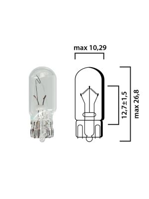 Bulb glass wedge base W2,1x9,5d 12V 2W T10 - Pack of 5 pcs