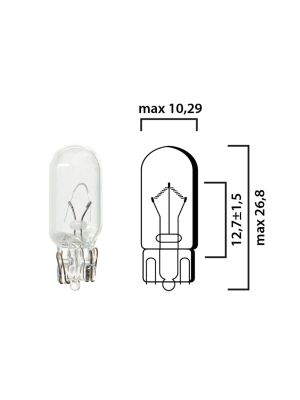 Schema of T10 cars interior bulb glass wedge base W2,1x9,5d 12V 5W