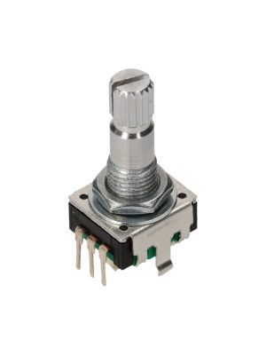 Encoder di ricambio senza tasto a pressione per apparecchiature elettroniche. Dimensioni: 12,4x13,4x26,5h mm - 24 ppr - 24 fermi - albero 20 mm